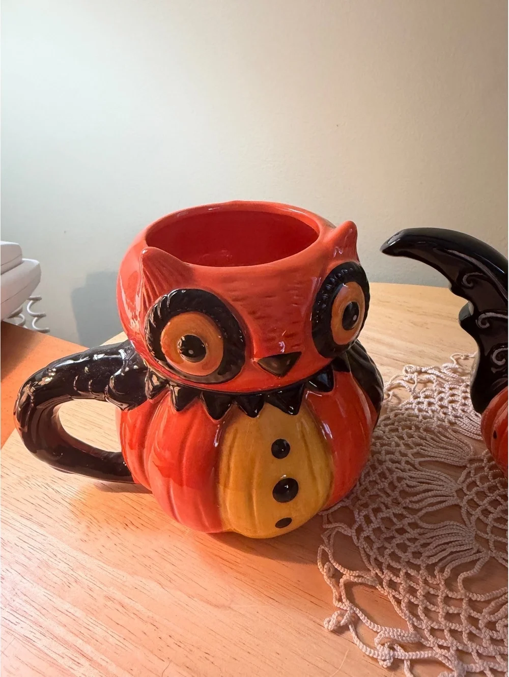 Johanna Parker Ceramic Owl and Bat Pumpkin Teapot and Mugs Set